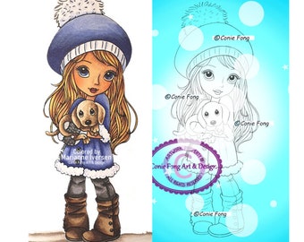 Digital Stamp, Digi Stamp, digistamp, Puppy Cuddles by Conie Fong, Coloring Page, Girl, puppy, dog, Christmas