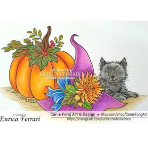 Digital Stamp, Digi Stamp, Digistamp, Sweet Autumn Kitty by Conie Fong, cat, kitty, kitties, fall, autumn, Halloween, pumpkin image 2