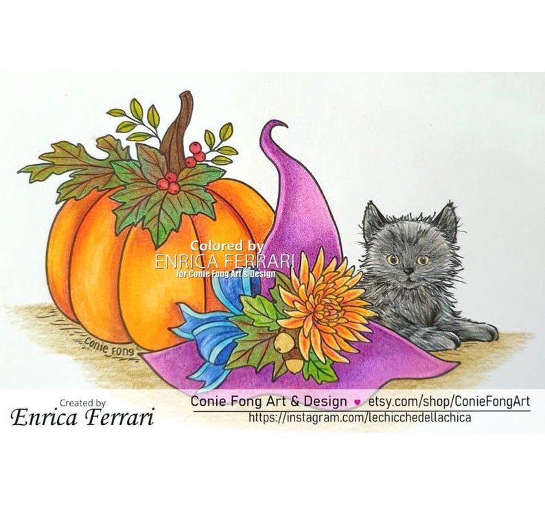 Digital Stamp, Digi Stamp, Digistamp, Sweet Autumn Kitty by Conie Fong, cat, kitty, kitties, fall, autumn, Halloween, pumpkin image 2