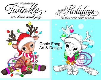SALE Digital Stamp, Digi Stamp, Digistamp, Reindeer Lights and Reindeer Wreath  and Sentiments bundle Conie Fong, Christmas, coloring page
