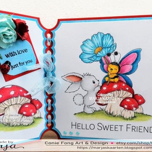 Digital Stamp, Digi Stamp, Digistamp, Hello Little Friend Bundle by Conie Fong Bunny, Rabbit, butterfly, Thinking of you, Birthday, Mushroom image 3