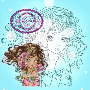 Digital Stamp, Digi Stamp, digistamp,  Moonflower Lullaby by Conie Fong, Orchid, Girl, Coloring Page, flower, scrapbooking