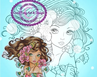 Digital Stamp, Digi Stamp, digistamp,  Moonflower Lullaby by Conie Fong, Orchid, Girl, Coloring Page, flower, scrapbooking