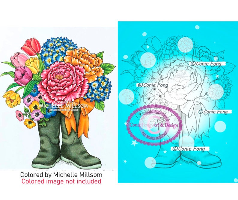 Digital Stamp, Digi Stamp, Digistamp, Conie Fong, flowers, bouquet, boot, Coloring Page, birthday, mother's day, get well, sympathy image 1