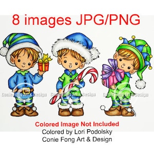 Digital Stamp, Digi Stamp, digistamp, Christmas Boy Elves by Conie Fong, elf, candy cane, Santa, coloring page