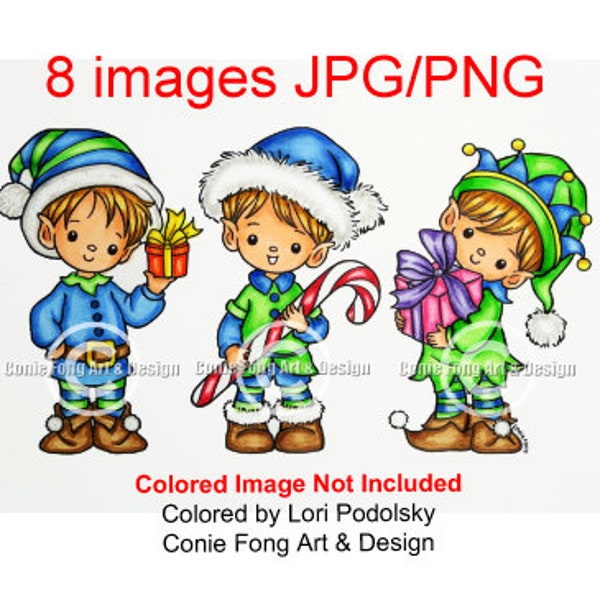 Digital Stamp, Digi Stamp, digistamp, Christmas Boy Elves by Conie Fong, elf, candy cane, Santa, coloring page