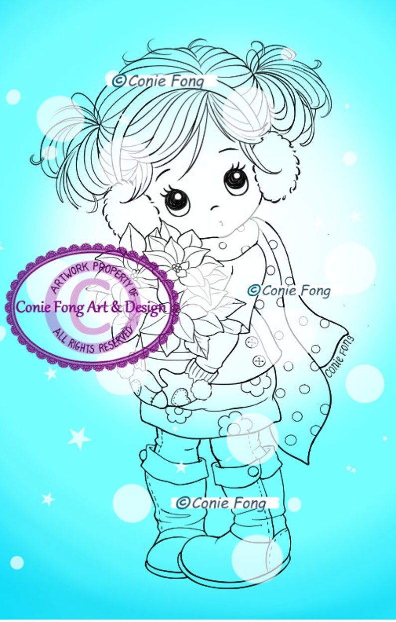 Digital Stamp, Digi Stamp, digistamp, Holly Poinsettia by Conie Fong, Christmas, girl, poinsettia, flowers, coloring page, children image 2