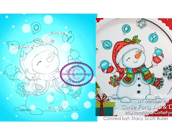 Digital Stamp, Digi Stamp, digistamp,  Snowman Juggling Baubles by Conie Fong, Christmas, Winter, coloring page, children