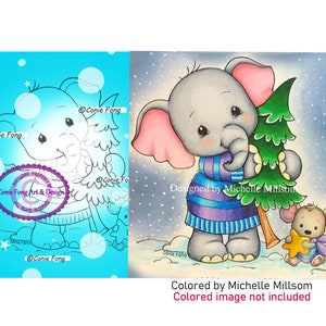 Digital Stamp, Digi Stamp, Digistamp,  Ellie's Holiday Helper by Conie Fong, Coloring Page, Elephant, Mouse, Christmas