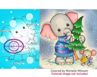 Digital Stamp, Digi Stamp, Digistamp,  Ellie's Holiday Helper by Conie Fong, Coloring Page, Elephant, Mouse, Christmas