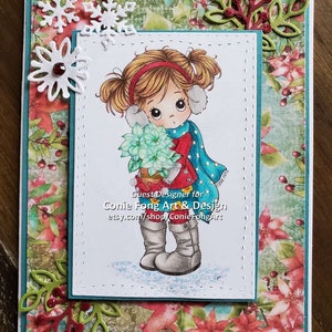 Digital Stamp, Digi Stamp, digistamp, Holly Poinsettia by Conie Fong, Christmas, girl, poinsettia, flowers, coloring page, children image 7