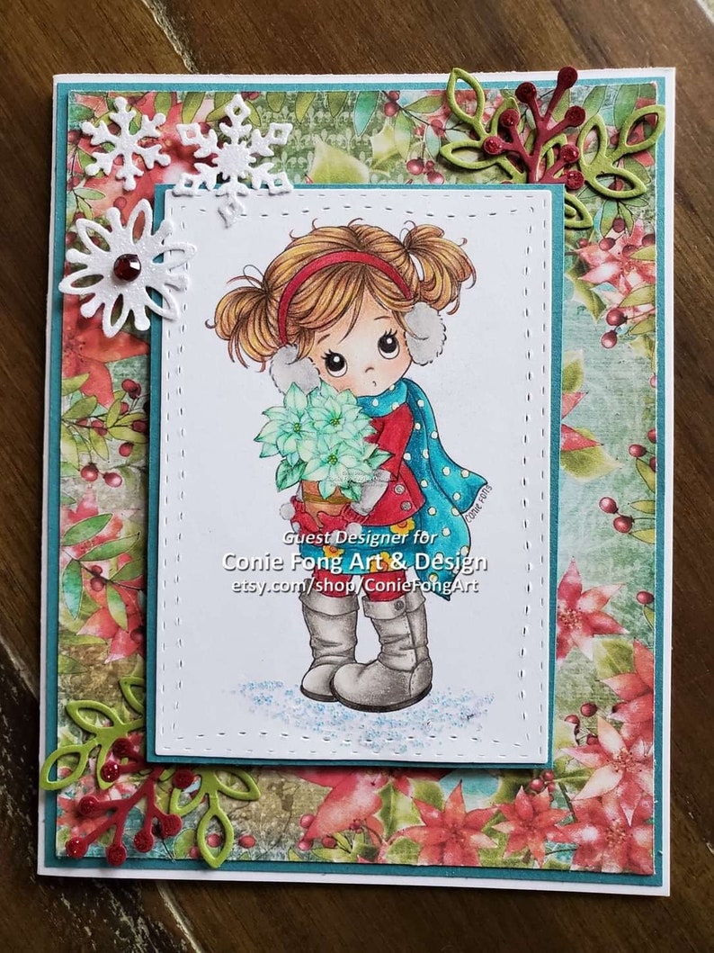 Digital Stamp, Digi Stamp, digistamp, Holly Poinsettia by Conie Fong, Christmas, girl, poinsettia, flowers, coloring page, children image 7