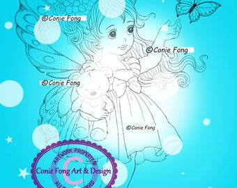 Digital Stamp, Digi Stamp, digistamp, Butterfly Princess by Conie Fong, girl, fairy, teddy bear, birthday, Thinking of you, coloring page