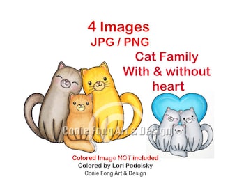 Digital stamp, digi stamp, digistamp,  Cat Family Bundle by Conie Fong, Valentine's Day, Birthday, Mother's Day, Father's Day, coloring page