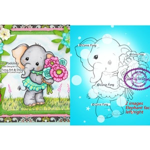 Digital Stamp, Digi Stamp, Digistamp, Ellie Bouquet by Conie Fong, Coloring Page, Mother's Day, Elephant, Birthday, flowers, girl image 1