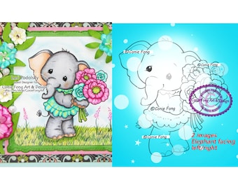 Digital Stamp, Digi Stamp, Digistamp, Ellie Bouquet by Conie Fong, Coloring Page, Mother's Day, Elephant, Birthday, flowers, girl