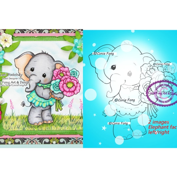 Digital Stamp, Digi Stamp, Digistamp, Ellie Bouquet by Conie Fong, Coloring Page, Mother's Day, Elephant, Birthday, flowers, girl