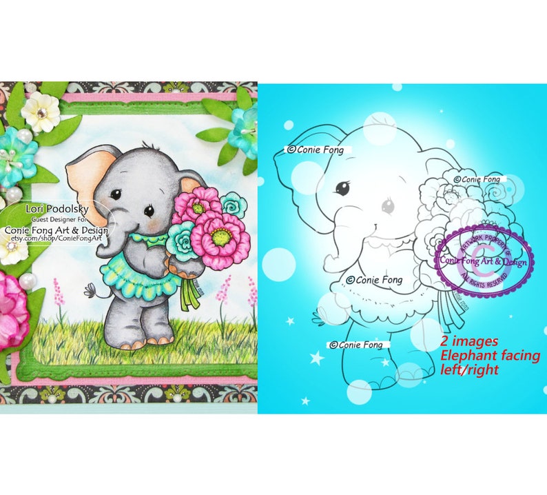 Digital Stamp, Digi Stamp, Digistamp, Ellie Bouquet by Conie Fong, Coloring Page, Mother's Day, Elephant, Birthday, flowers, girl image 1