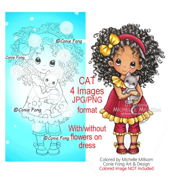 Digital stamp, digi stamp, digistamp, Sophie and Kitty by Conie Fong, Birthday, Sympathy, Thinking of You, kitty, cat, girl holding kitty