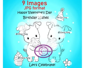 Digital Stamp, Digi Stamp, Digistamp, Lulu and Lonny With Cupcake Bundle by Conie Fong, Coloring Page, Pig, Birthday, Valentine, Love