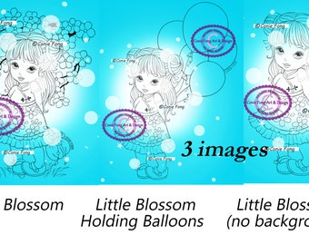 Digital Stamp, Digi Stamp, digistamp, 3 images, Little Blossom by Conie Fong, girl,  birthday, coloring page, oriental, balloon, flower