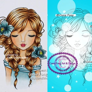 Digital Stamp, Digi Stamp, digistamp, Alanna by Conie Fong, Coloring Page, girl, flower, orchid, birthday, braids image 1