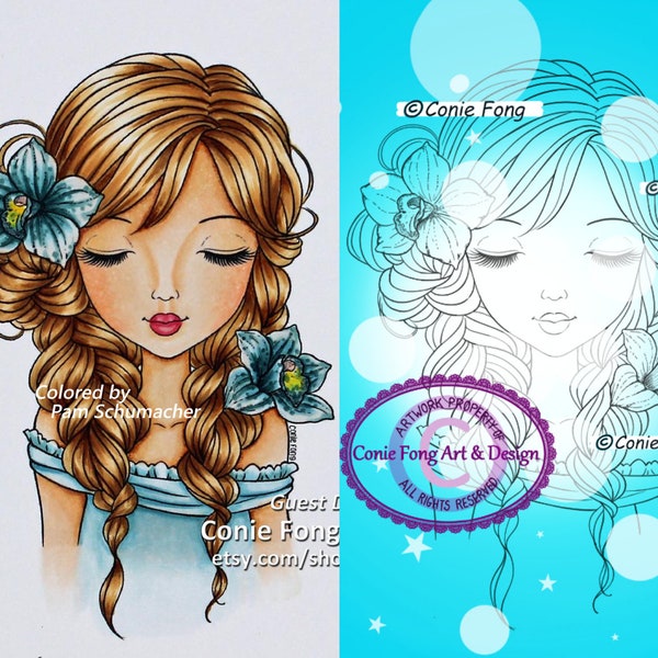 Digital Stamp, Digi Stamp, digistamp, Alanna by Conie Fong, Coloring Page, girl, flower, orchid, birthday, braids