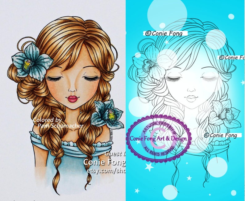 Digital Stamp, Digi Stamp, digistamp, Alanna by Conie Fong, Coloring Page, girl, flower, orchid, birthday, braids image 1