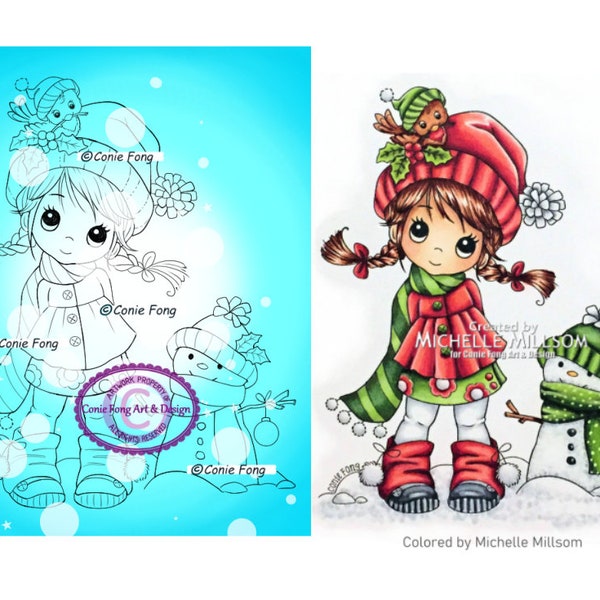 Digital Stamp, Digi Stamp, digistamp, Molly's Winter Friends Conie Fong, Christmas, Winter, snowman, coloring page, children, bird,snow