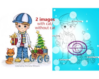 SALE Digital Stamp, Digi Stamp, digistamp, Benny's Christmas with CAT by Conie Fong, boy, cat,  gifts, wagon,  coloring page, Christmas tree