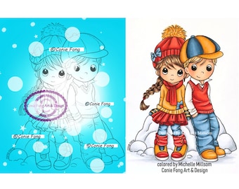 Digital Stamp, Digi Stamp, Digistamp, Winter SweetHearts Conie Fong, Coloring Page, Boy, Girl, Love, Valentines, Christmas, Anniversary