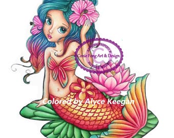 Kit and Clowder Digital Stamp, Digi Stamp, digistamp, Liliana Mermaid by Conie Fong, Coloring Page, mermaid, girl, fantasy, flower