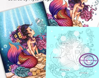 Kit and Clowder Digital Stamp, Digi Stamp, digistamp, Ariela Mermaid by Conie Fong, Coloring Page, mermaid, girl, fantasy, children