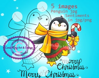 Digital Stamp, Digi Stamp, Digistamp, Candy Cane Penguin by Conie Fong, Penguin, Christmas, candy cane, coloring page