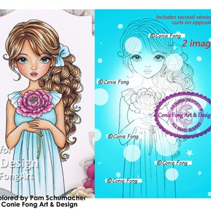 Digital Stamp, Digi Stamp, digistamp, coloring page, 2 images, Ella Fleur by Conie Fong, birthday, girl, flower, peony image 1