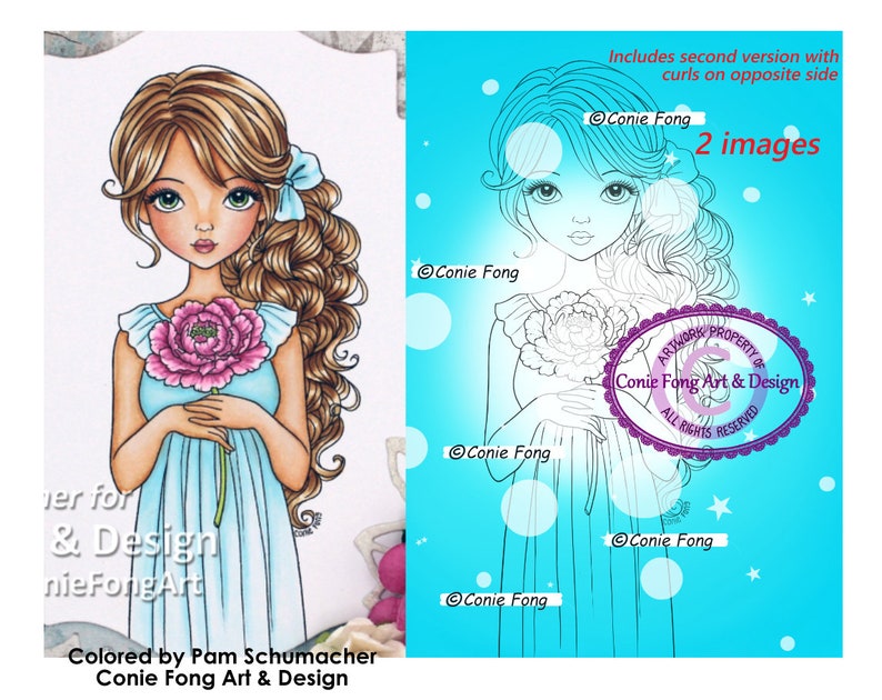 Digital Stamp, Digi Stamp, digistamp, coloring page, 2 images, Ella Fleur by Conie Fong, birthday, girl, flower, peony image 1