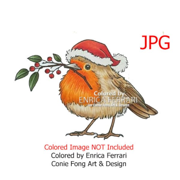 Digital Stamp, Digi Stamp, Digistamp, Red Robin With Berries by Conie Fong, Christmas, bird