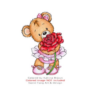 Digital Stamp, Digi Stamp, Digistamp, Bella With Rose by Conie Fong, Coloring Page, Teddy Bear, Love, Valentines, Get Well, Friendship