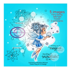 SALE Digital Stamp, Digi Stamp, digistamp, Snowflake Wishes by Conie Fong, Christmas, fairy, girl, Birthday, snow, coloring page