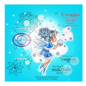 SALE Digital Stamp, Digi Stamp, digistamp, Snowflake Wishes by Conie Fong, Christmas, fairy, girl, Birthday, snow, coloring page