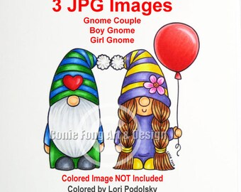 Digital Stamp, Digi Stamp, digistamp, Gnome Couple by Conie Fong, Birthday, Anniversary, Love, Valentine's, Gnome Boy Girl, coloring page