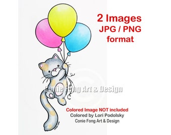 Digital stamp, digi stamp, digistamp,  Cat With Balloons by Conie Fong, Birthday, Kitten, coloring page
