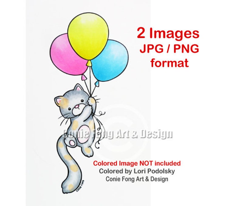 Digital stamp, digi stamp, digistamp, Cat With Balloons by Conie Fong, Birthday, Kitten, coloring page image 1