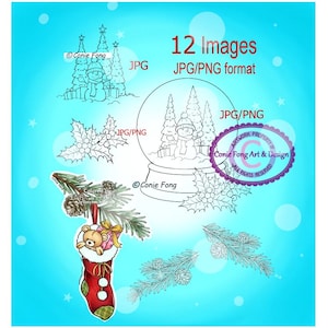 Digital Stamp, Digi Stamp, Digistamp, Christmas Stocking Bundle by Conie Fong, Weihnachten, Teddybär, Geschenk, Tannenzapfen Zweig