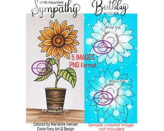 SALE Digital Stamp, Digi Stamp, digistamp,(PNG FORMAT) Sunflower In A Pot Bundle Conie Fong, birthday, sympathy, get well, coloring page