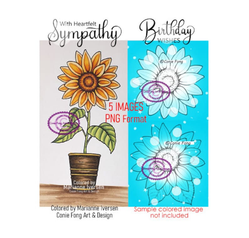 SALE Digital Stamp, Digi Stamp, digistamp,PNG FORMAT Sunflower In A Pot Bundle Conie Fong, birthday, sympathy, get well, coloring page image 1