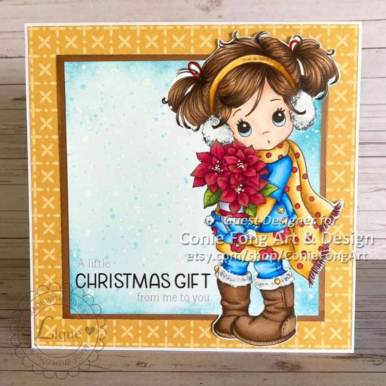 Digital Stamp, Digi Stamp, digistamp, Holly Poinsettia by Conie Fong, Christmas, girl, poinsettia, flowers, coloring page, children image 6