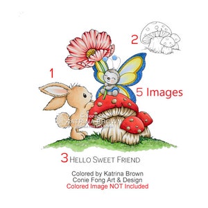 Digital Stamp, Digi Stamp, Digistamp, Hello Little Friend Bundle by Conie Fong Bunny, Rabbit, butterfly, Thinking of you, Birthday, Mushroom image 1