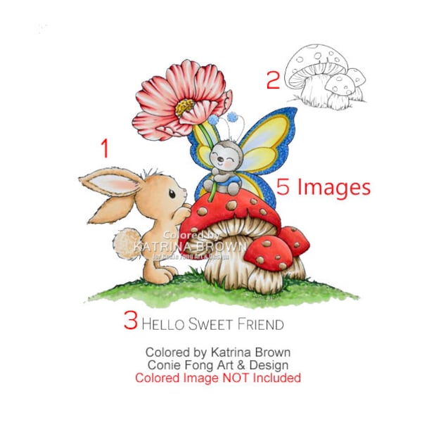 Digital Stamp, Digi Stamp, Digistamp, Hello Little Friend Bundle by Conie Fong Bunny, Rabbit, butterfly, Thinking of you, Birthday, Mushroom