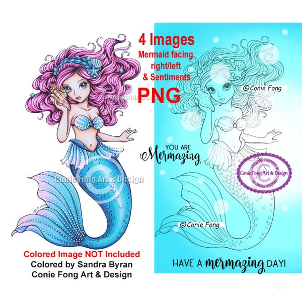 Digital Stamp, Digi Stamp, digistamp, Rosealea Mermaid And Sentiment Bundle by Conie Fong, Coloring Page, Girl, Fantasy, Birthday, Seashell